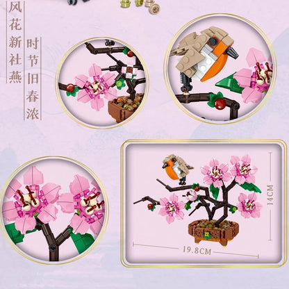 Peach Blossom Romantic Flower Vase Garden Birds Potted Plants Assembly MOC Building Blocks Classic Model Bricks Sets Kids Gifts
