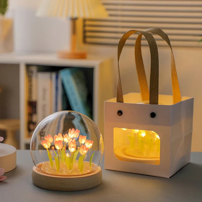 Artificial Tulip Flower Night Light Handmade DIY Bedside Lamp LED Night Lamp Bedroom Decor Christmas Birthday Gifts Table Lamp