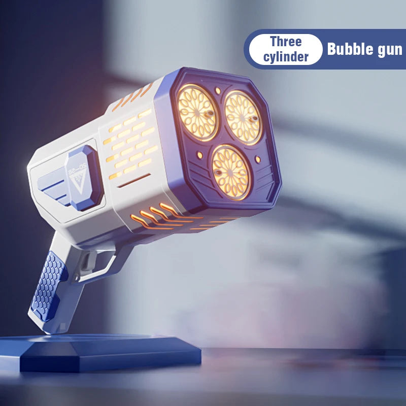 Pistola de burbujas con forma de cohete, 36 agujeros, máquina de burbujas de jabón, soplador automático con luz, juguetes para niños, regalo para el día de los niños