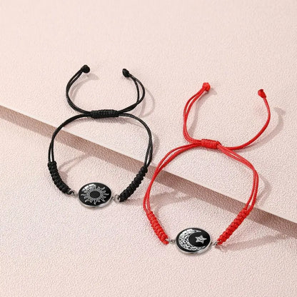 2Pcs Romantic Couple Bracelet Stainless Steel New Sun and Moon Lovers Charm Bracelet Glow in The Dark Adjustable Woven Bracelet