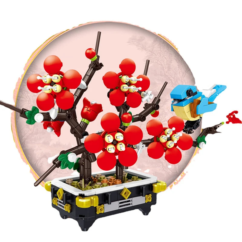 Peach Blossom Romantic Flower Vase Garden Birds Potted Plants Assembly MOC Building Blocks Classic Model Bricks Sets Kids Gifts