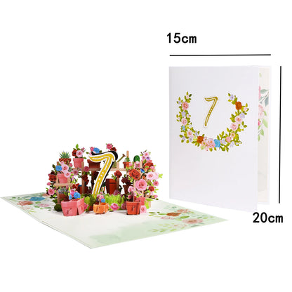Tarjeta de aniversario emergente con números 1, 10, 28, 21 y 30 en 3D para cumpleaños, bodas