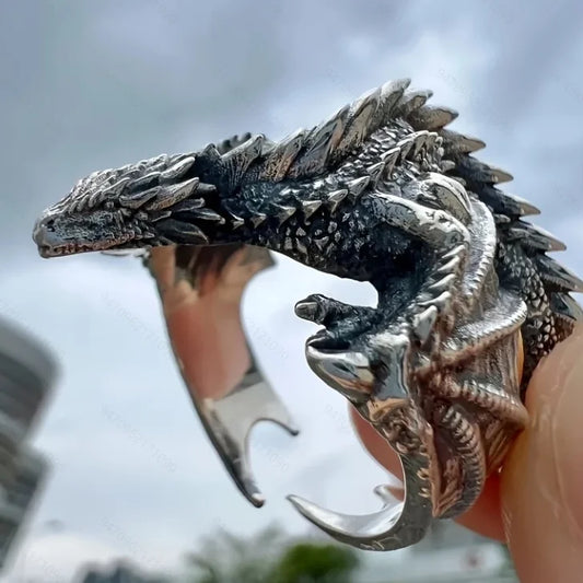 Retro Silver Color Winged Dragon Ring Symbolizes Power, Domineering and Adjustable Opening Ring, Jewelry Accessory Gift