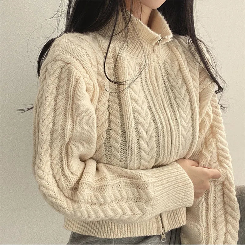 Twists Knit Short Coat Long Sleeve Zipper Sweater Casual Women Cardigan Vintage Winter Korean Chic Elegant 2024 Lady Trend Top
