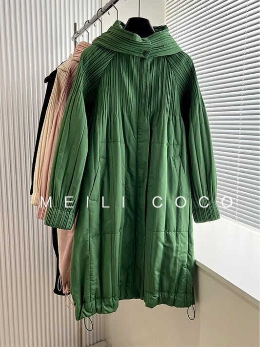 ALSEY Miyake Pleated Solid Collar Hooded Fashion Women's Jacket 2024 Autumn Winter New Long-sleeved Slim Lengthened Windbreaker