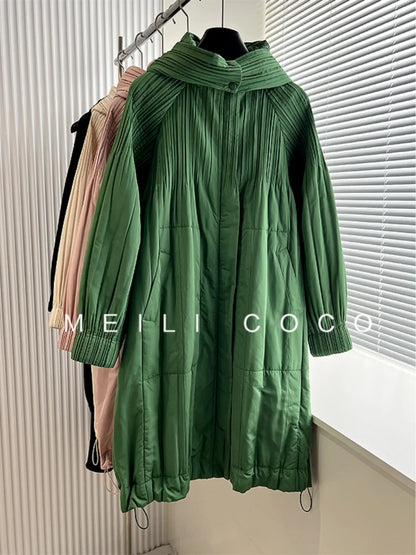 ALSEY Miyake Pleated Solid Collar Hooded Fashion Women's Jacket 2024 Autumn Winter New Long-sleeved Slim Lengthened Windbreaker
