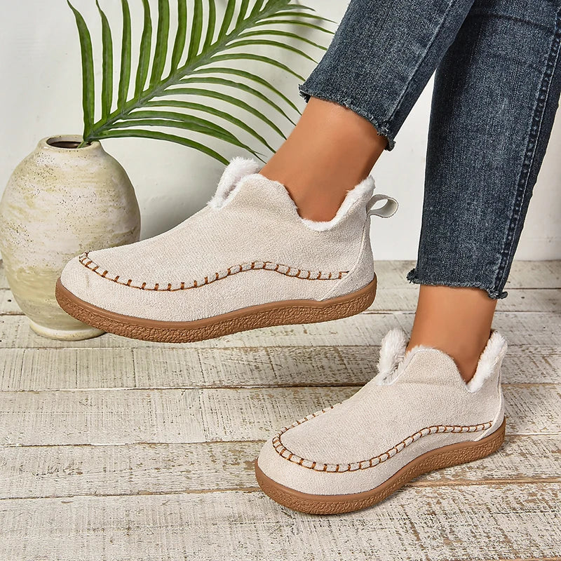 2024 New Hot Sale Suede Leather Ankle Boots Women Round Toe Thicken Fuzzy Snow Boots Comfortable Flat Anti-Slip Booties Mujer