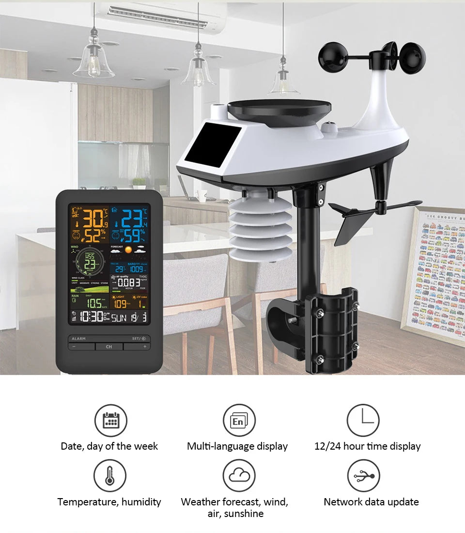 Smart WiFi Weather Station Digital Clock Wind Speed Direction Rainfall Light Index Air Quality Temperature Humidity Monitor