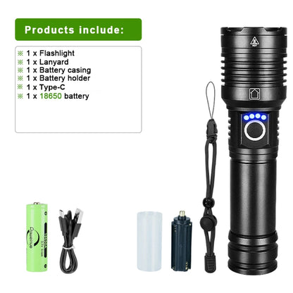 Linterna LED de alta potencia XHP 120, linterna con batería 18650 26650, recargable por USB, con zoom, para emergencias, acampadas al aire libre y pesca