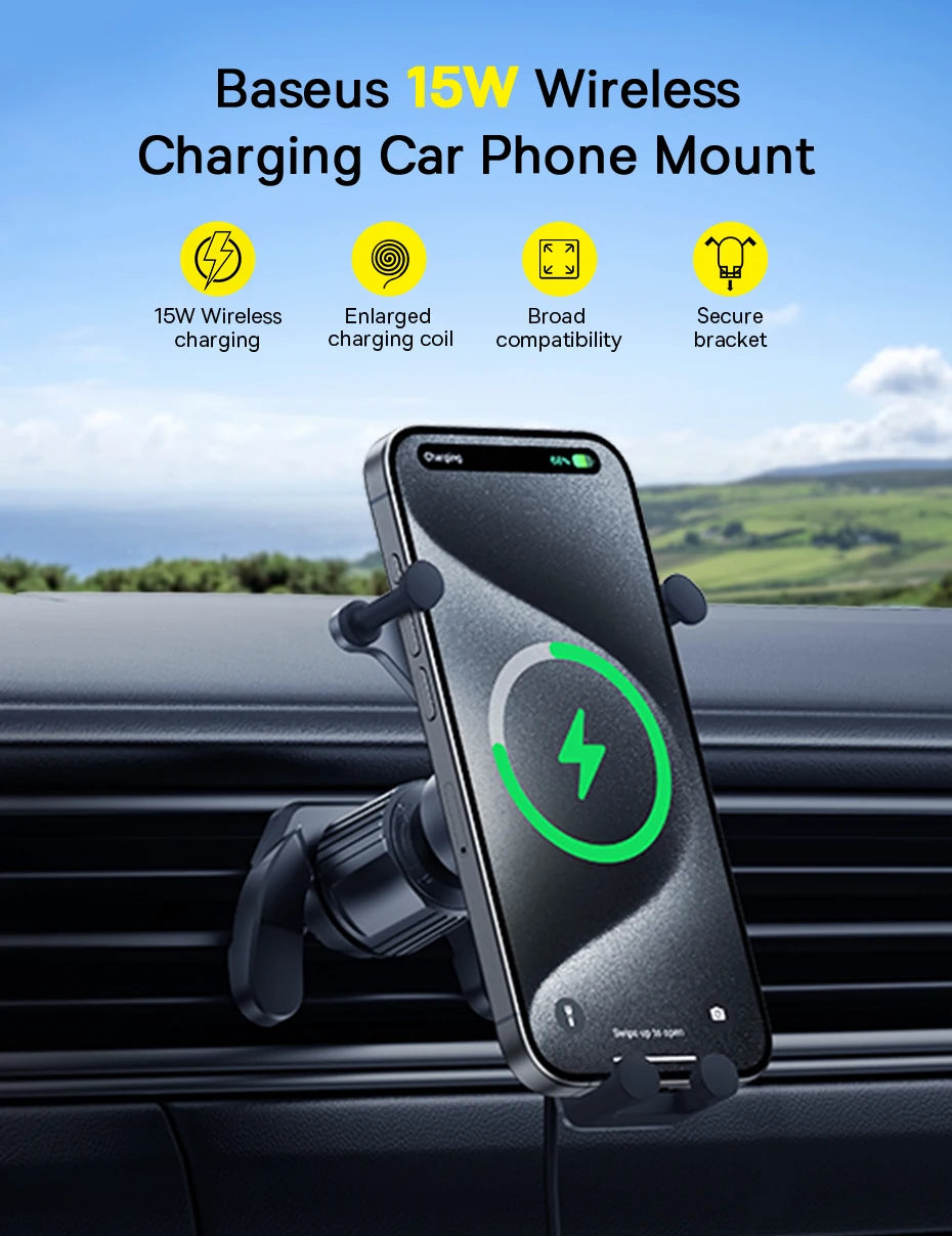Baseus 15W Car Phone Holder Wireless Charging Stand Air Vent Gravity Telephone Mount for iPhone 14 Samsung Xiaomi Mobile Support