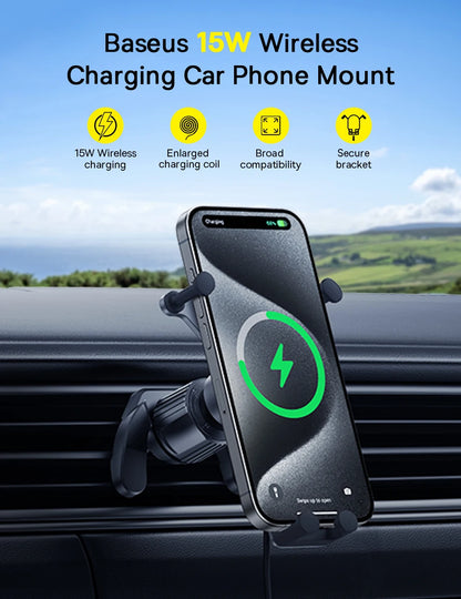 Baseus 15W Car Phone Holder Wireless Charging Stand Air Vent Gravity Telephone Mount for iPhone 14 Samsung Xiaomi Mobile Support
