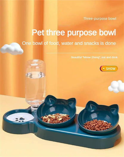 Triple Cat Bowls Pet Feeder, 2-in-1 Double Bowls With Automatic Drinking Bottle, Tilted And Rotatable Design For Cats And Dogs