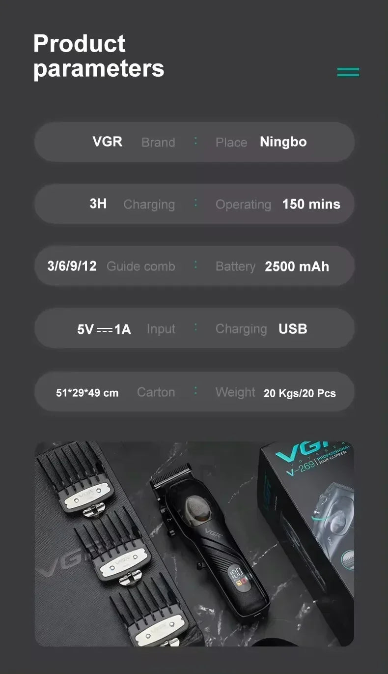VGR Original Barber Professional Hair Clipper Beard Hair Trimmer For Men Electric Adjustable Haircut Machine Rechargeable V-269