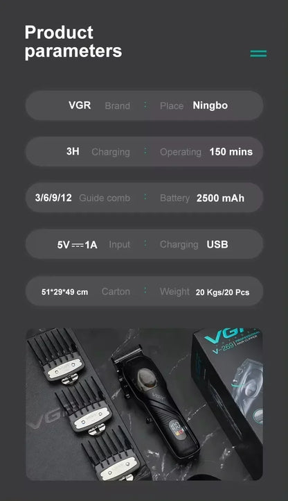 VGR Original Barber Professional Hair Clipper Beard Hair Trimmer For Men Electric Adjustable Haircut Machine Rechargeable V-269