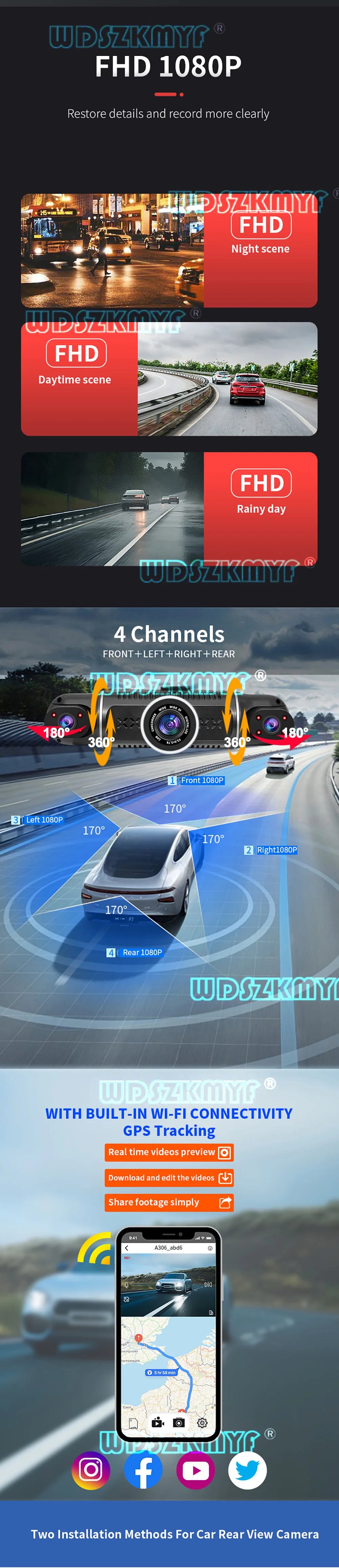 4*1080P 4 Channel Dash Cam for Cars WIFI 360 Video Recorder Rear View Camera for Vehicle Car DVR 24H Hardware Kit Car Assecories