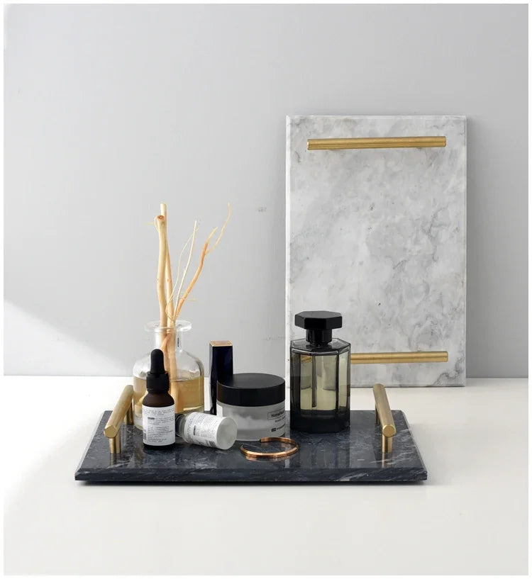 Nordic Home Decor Light Luxury Natural Marble Jewelry Storage Tray with Gold Handle Trinket Ring Plate Wedding Gift