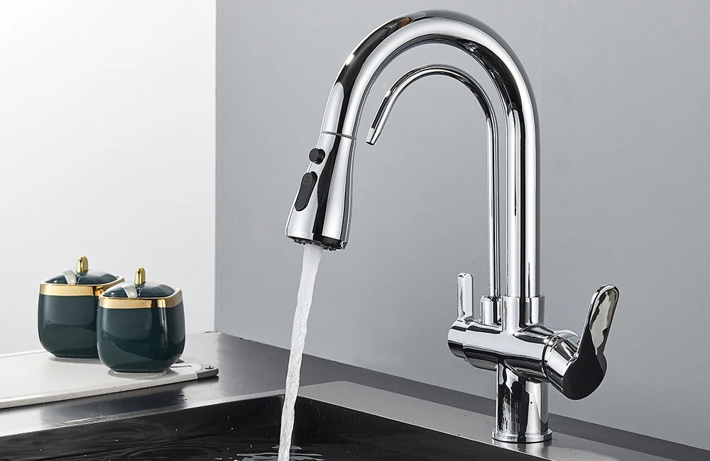 Grifo de cocina con filtro negro extraíble con rotación de 360 ​​grados y grifo mezclador de fregadero de tres vías