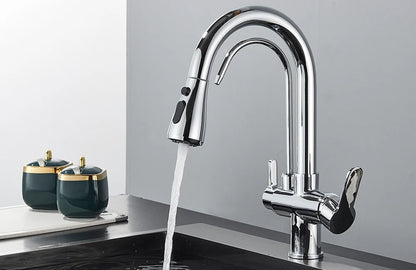 Grifo de cocina con filtro negro extraíble con rotación de 360 ​​grados y grifo mezclador de fregadero de tres vías