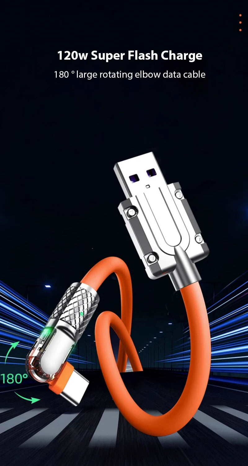 5A Super Fast Charge Type C Cable 180° Degree Rotation Elbow Cable for Xiaomi Samsung Phone Charger Liquid Silicone USB C Cable