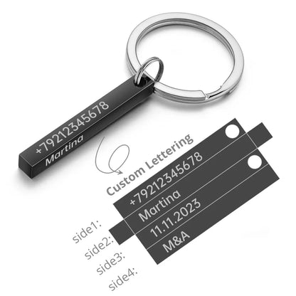 Llaveros personalizados de acero inoxidable con barra 3D, llaveros con texto grabado en los 4 lados, nombre, fecha, logotipo, llaveros personalizados, anillos, regalo de amor