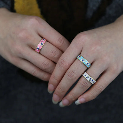 Pink Red Blue Enamel Engrave Cute Lovely Turkish Evil Eye Stainless Steel Rings 6MM Gold Color Eternity Band Rings For Women
