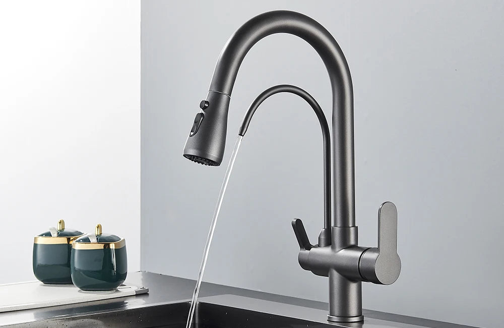 Grifo de cocina con filtro negro extraíble con rotación de 360 ​​grados y grifo mezclador de fregadero de tres vías