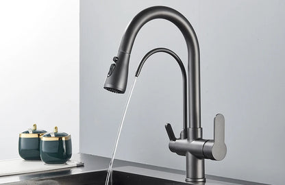 Grifo de cocina con filtro negro extraíble con rotación de 360 ​​grados y grifo mezclador de fregadero de tres vías