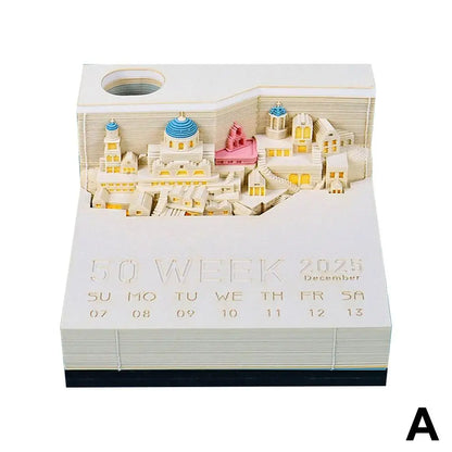 2025 Calendar 3D Notepad Block Santorini 3D Art Calendar With Led Lihjt Memo Pad Paper Notes Desk Decor Birthday Christmas Gift