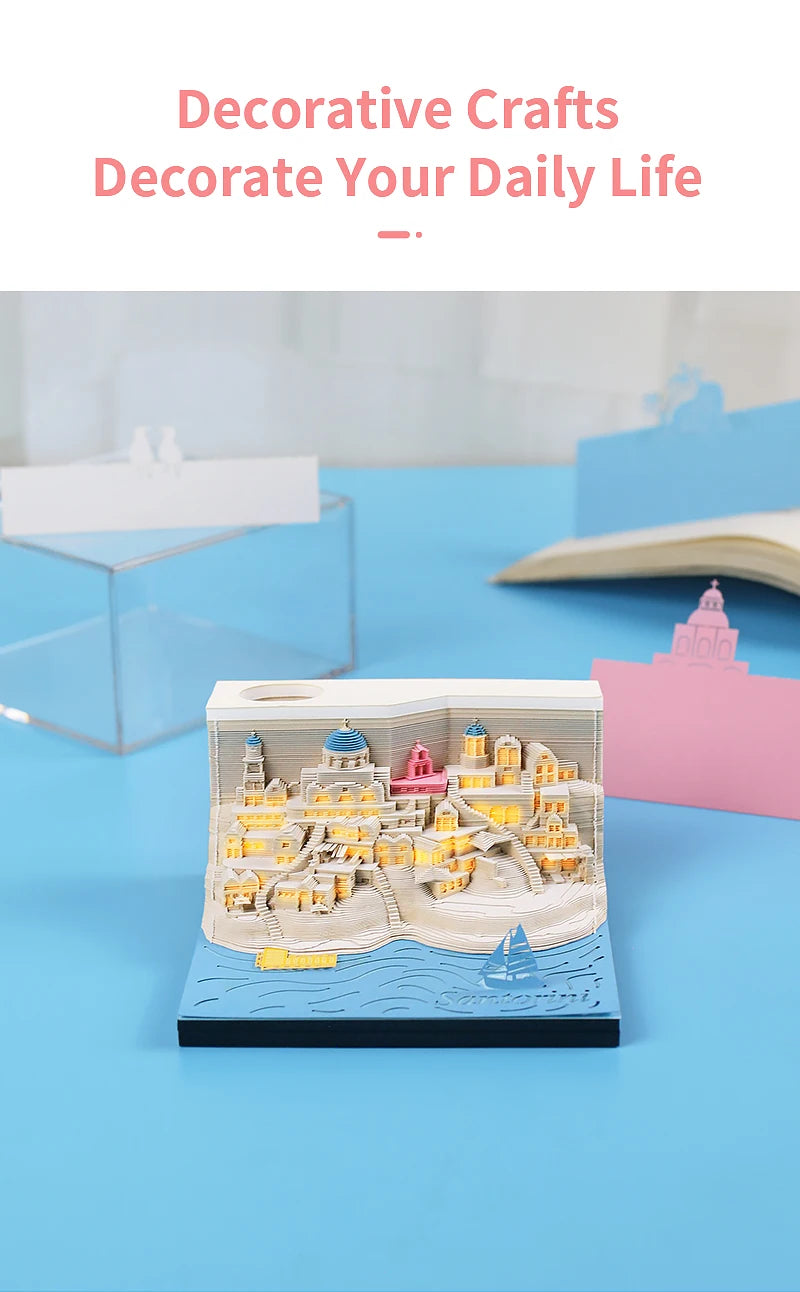Omoshiroi Block 3D Memo Pad Santorini Magic Calendar Desk Decoration Tear Off Notepad Bookmark Souvenir Gift Girlfriend Birthday