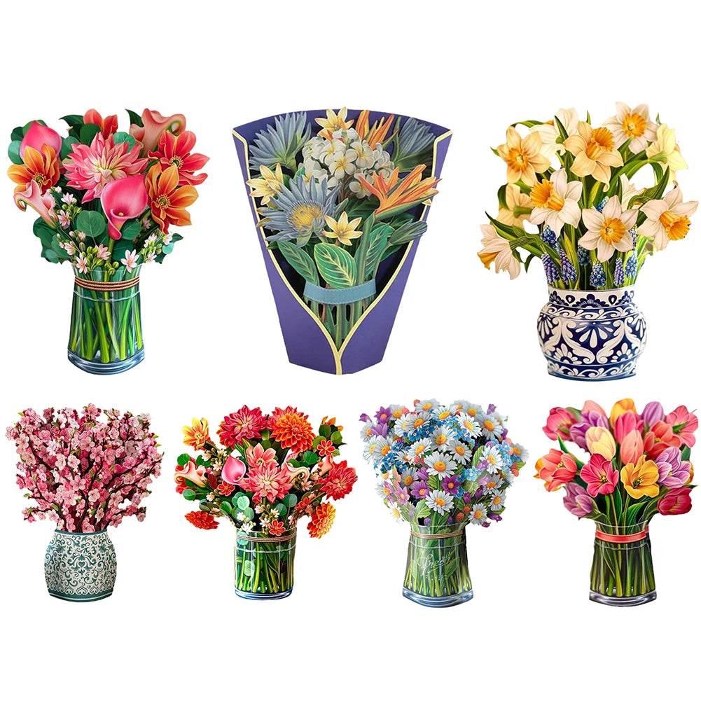 3D Pop Up Flower Greeting Card for Mothers Day Creative Multi-Style Bouquet Birthday Card Thank You Postcard for Birthday Easter