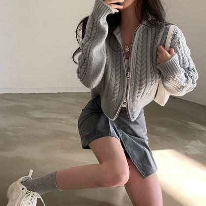 Twists Knit Short Coat Long Sleeve Zipper Sweater Casual Women Cardigan Vintage Winter Korean Chic Elegant 2024 Lady Trend Top