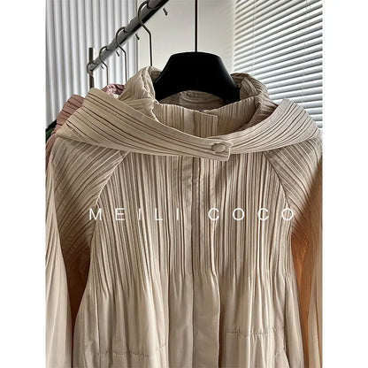 ALSEY Miyake Pleated Solid Collar Hooded Fashion Women's Jacket 2024 Autumn Winter New Long-sleeved Slim Lengthened Windbreaker