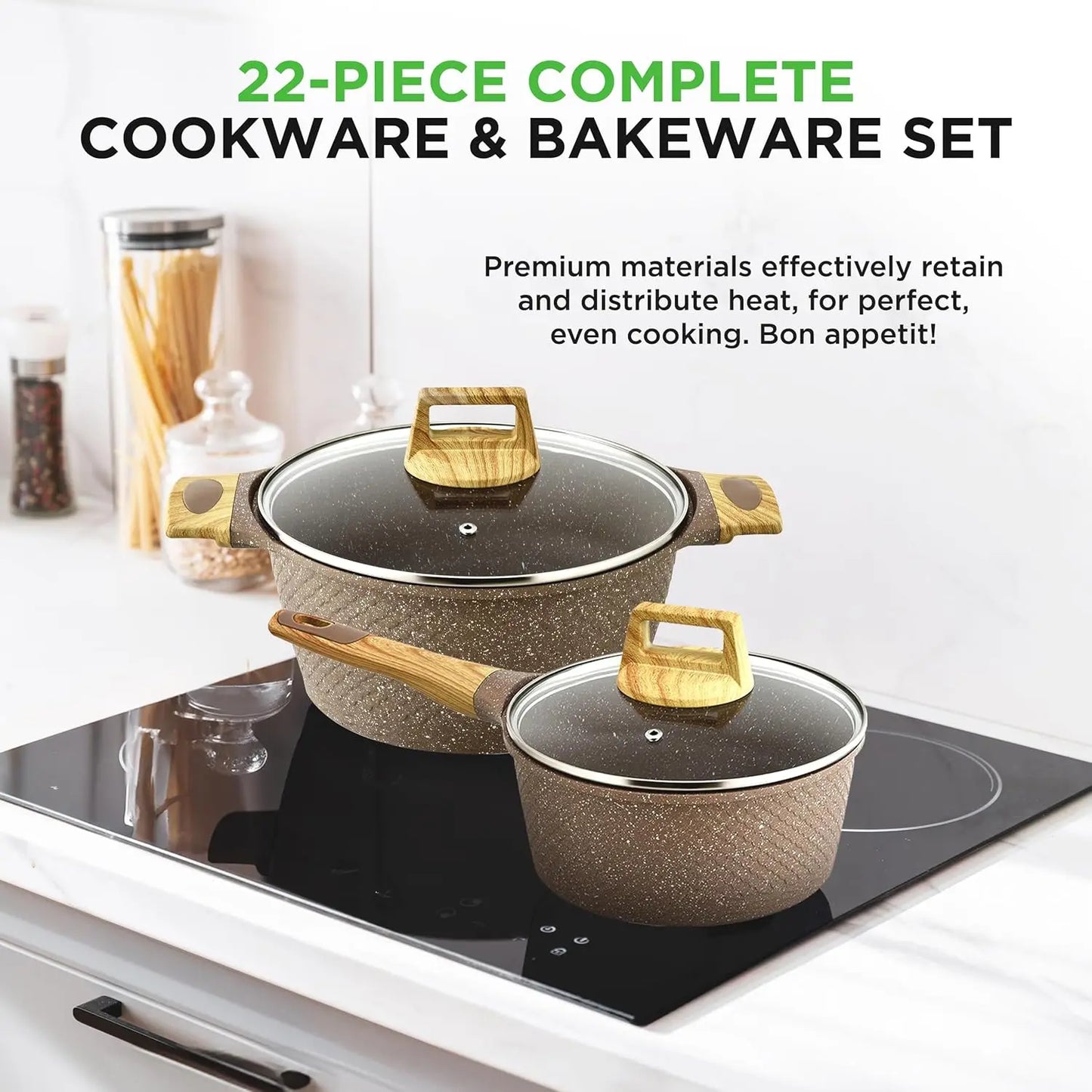 Nutrichef 22-Piece Maroon Marble Non-Stick Cookware Bakeware Set Professional Home Kitchen Collection with Multi-Sized Pot Pans