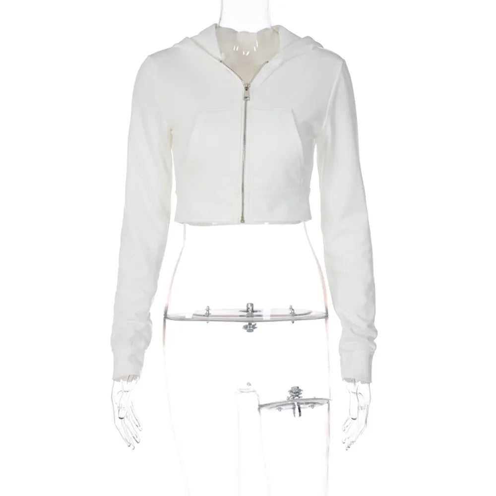 ALLNeon Y2K Aesthetic Vintage Basic Zip Up White Cropped Hoodies 2000s Fashion Big Pockets Front Hooded Long Sleeve Sweats Cute
