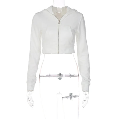 ALLNeon Y2K Aesthetic Vintage Basic Zip Up White Cropped Hoodies 2000s Fashion Big Pockets Front Hooded Long Sleeve Sweats Cute