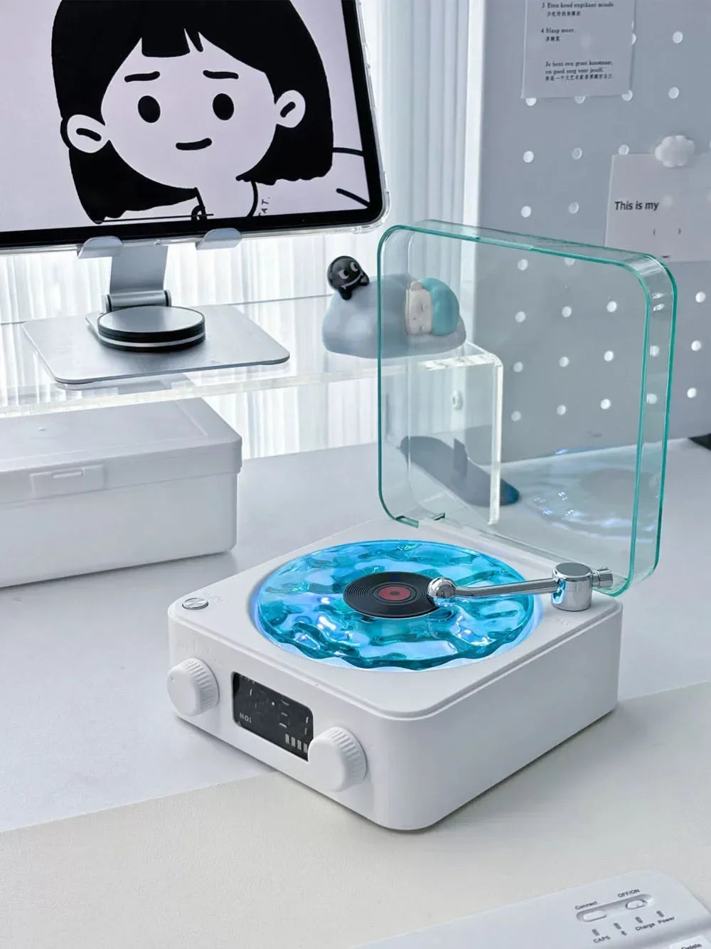 Haut-parleur Bluetooth Waves Vinyl Player avec bruit blanc, haut-parleur rétro pour platine vinyle, aide au sommeil, haut-parleur en forme de Vitrola avec lumière RVB