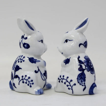 Blue and White Porcelain Rabbit Sculpture Decoration Cute Animal Ceramic Crafts Office Room Ornament