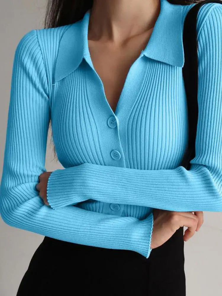AOSSVIAO 2024 Ladies Buttons Sexy V Neck Long Sleeve POLO Neck Knit Cardigan Sweater Women Lapel Slim Tops