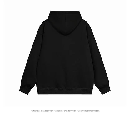 Vintage American Style Men's Creative Cool Dog Print Loose Fit Grey Fleece Lined Hooded Sweatshirt Couple Model Casual Wear