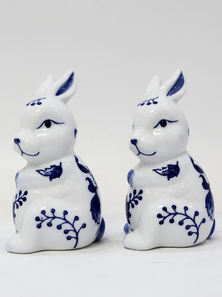 Blue and White Porcelain Rabbit Sculpture Decoration Cute Animal Ceramic Crafts Office Room Ornament