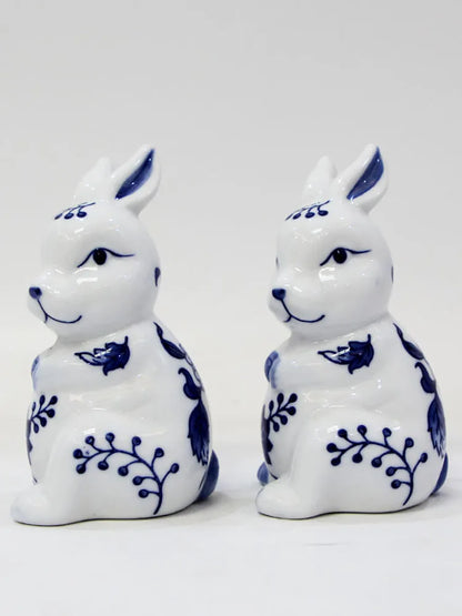Blue and White Porcelain Rabbit Sculpture Decoration Cute Animal Ceramic Crafts Office Room Ornament