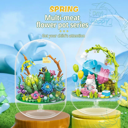 Succulent Plant Potted Building Blocks Insect Flower Model Bricks Set With Dust Cover Children's Educational Toys Adult Gifts
