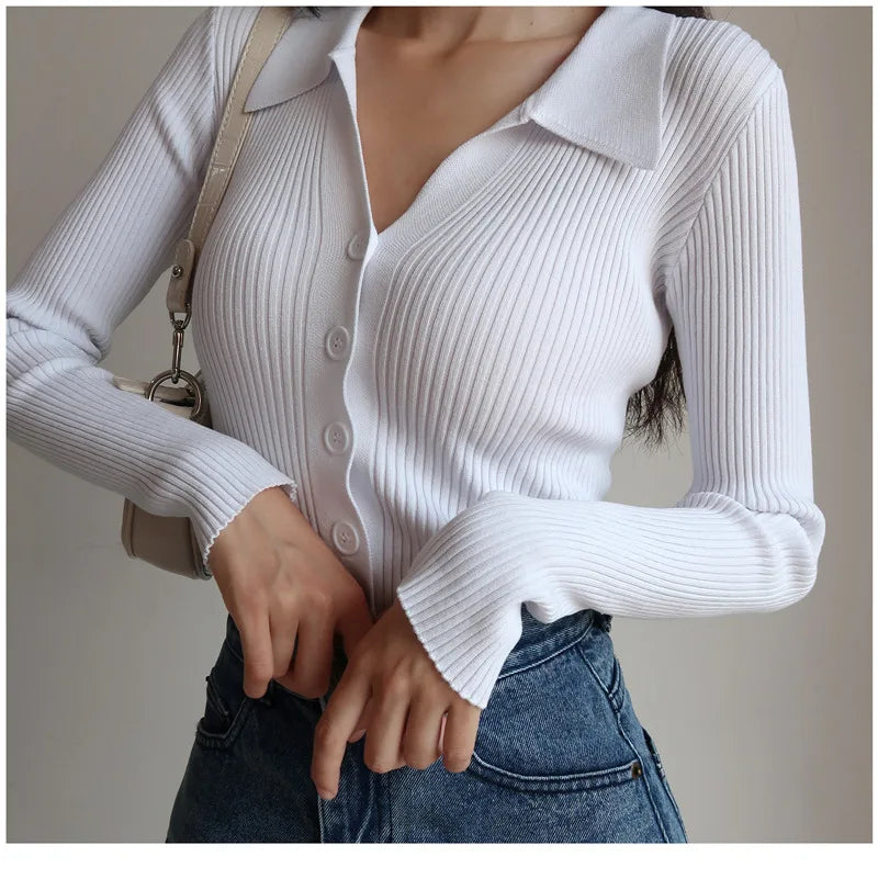 AOSSVIAO 2024 Ladies Buttons Sexy V Neck Long Sleeve POLO Neck Knit Cardigan Sweater Women Lapel Slim Tops