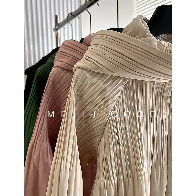 ALSEY Miyake Pleated Solid Collar Hooded Fashion Women's Jacket 2024 Autumn Winter New Long-sleeved Slim Lengthened Windbreaker