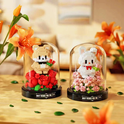 Animal potted plant assembly block with dust cover, sunflower rose flower block, puppy eternal flower assembly ornament toy