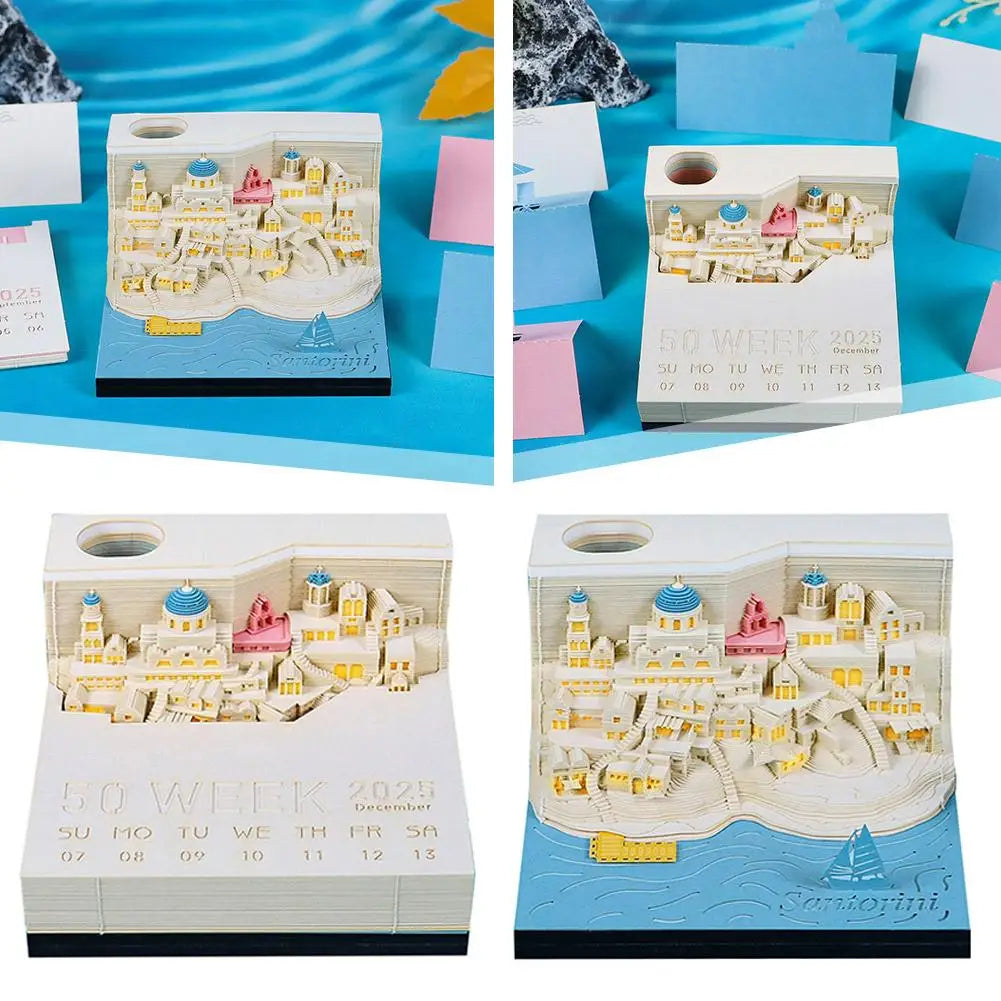 2025 Calendar 3D Notepad Block Santorini 3D Art Calendar With Led Lihjt Memo Pad Paper Notes Desk Decor Birthday Christmas Gift