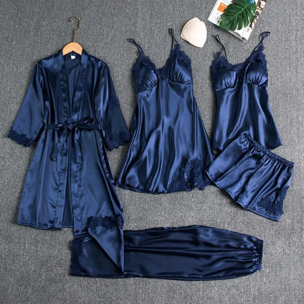 5 Pieces Pajamas Set Satin Home Pyjama Women Nightdress Lace Robe Sleep Suit Cami Vest Cardigan Trouser Sleepwear Gown Lingerie