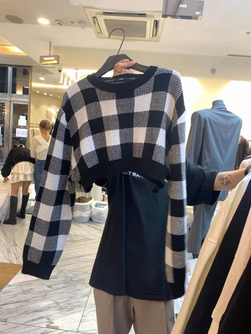 Pullovers Women Checkerboard Crop Knit Sweater Long Sleeve Crew Neck Box-fit Plaid Jumper Outfit