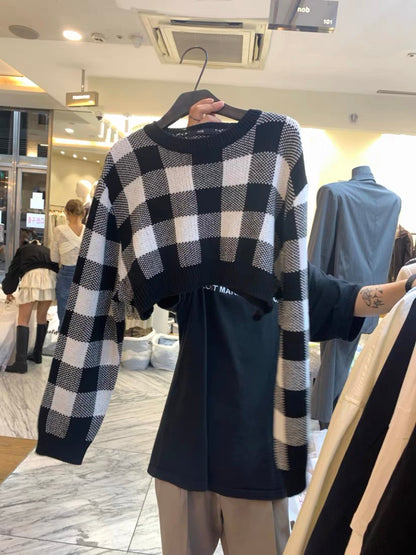 Pullovers Women Checkerboard Crop Knit Sweater Long Sleeve Crew Neck Box-fit Plaid Jumper Outfit