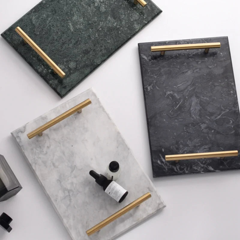 Nordic Home Decor Light Luxury Natural Marble Jewelry Storage Tray with Gold Handle Trinket Ring Plate Wedding Gift